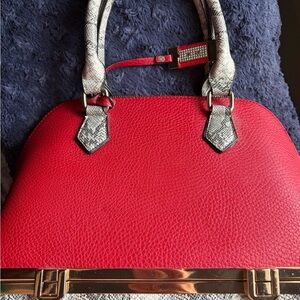 Red Textured Handbag with Snake Print Accents